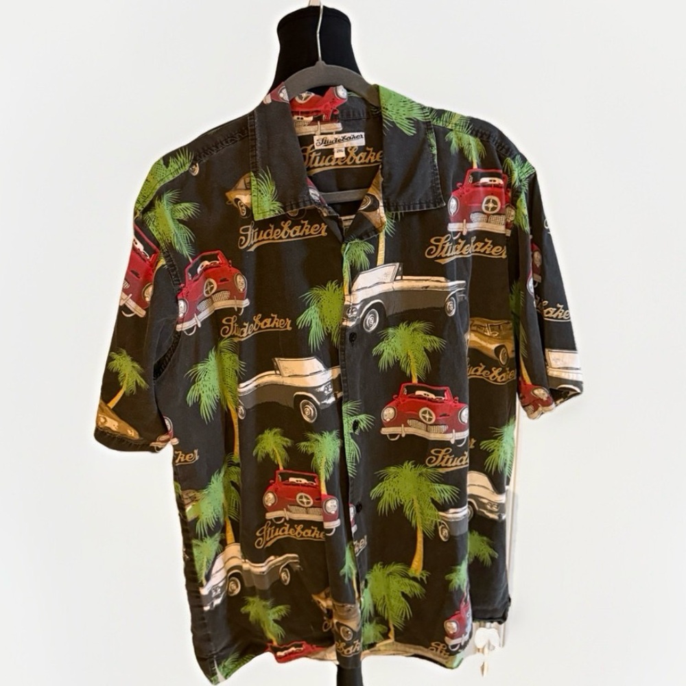 Studebaker Men’s Shirt 2XL Black Classic Cars Palm Trees Button Down